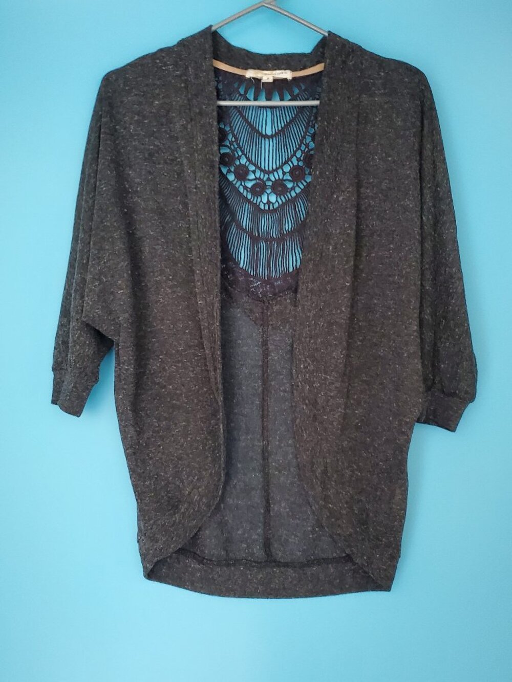 Rewind Cardigan Size Small 3/4 Sleeve Lace Back Gray